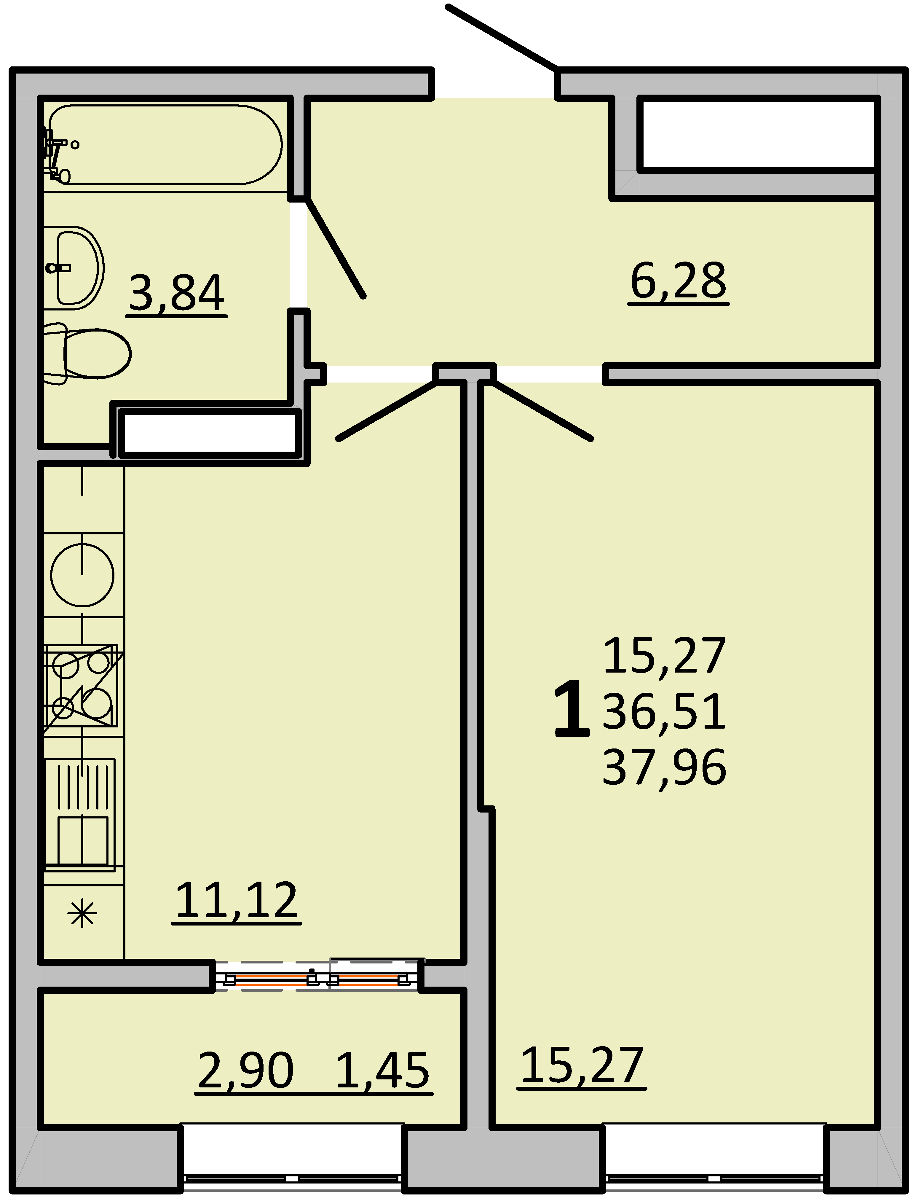 1-комнатная 37 м2 в ЖК Фрейм корпус null этаж 13