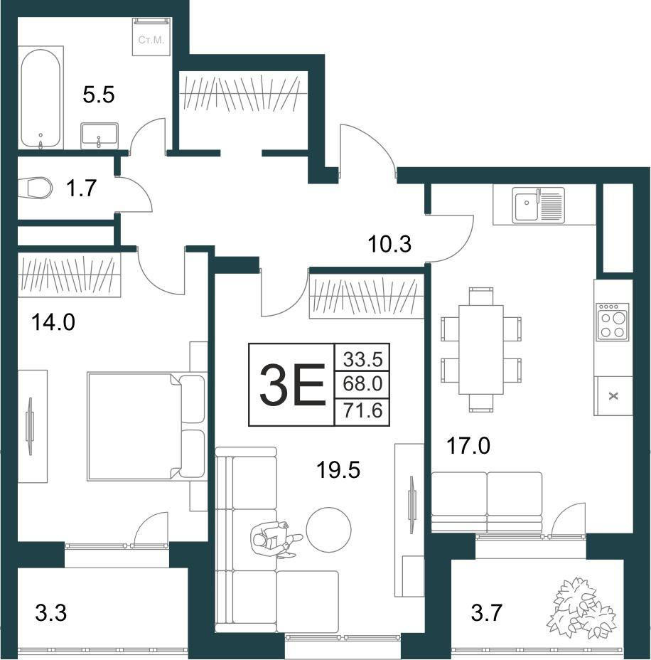 3-комнатная 71.6 м2 в ЖК undefined корпус null этаж 13