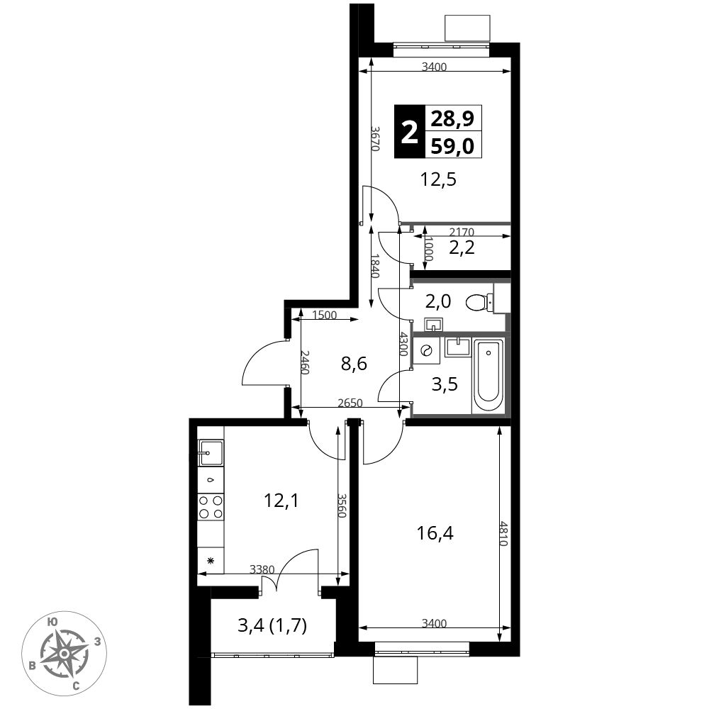 2-комнатная 59 м2 в ЖК 1-й Южный корпус null этаж 2