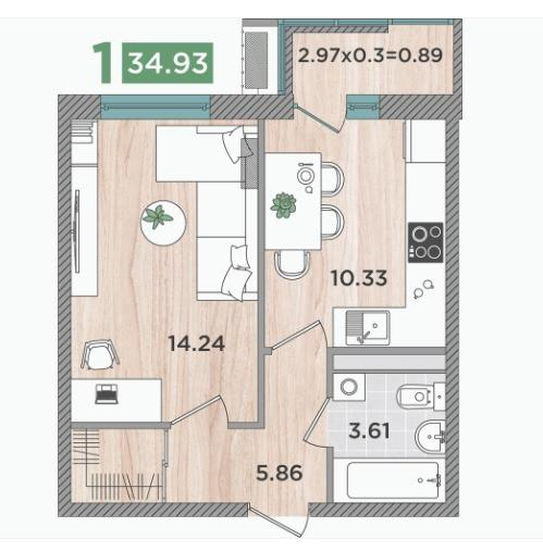 1-комнатная 34.9 м2 в ЖК undefined корпус null этаж 3