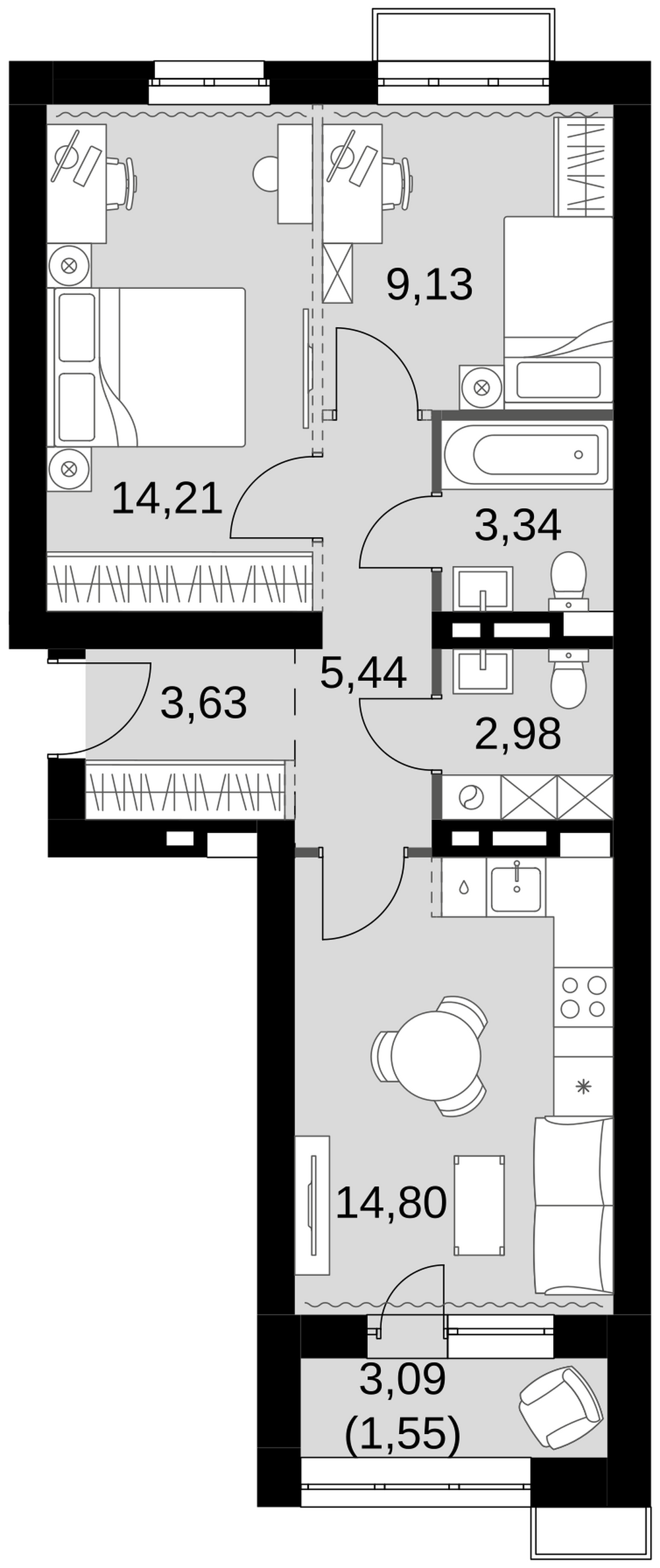 2-комнатная 55 м2 в ЖК Жаворонки Клаб корпус null этаж 4