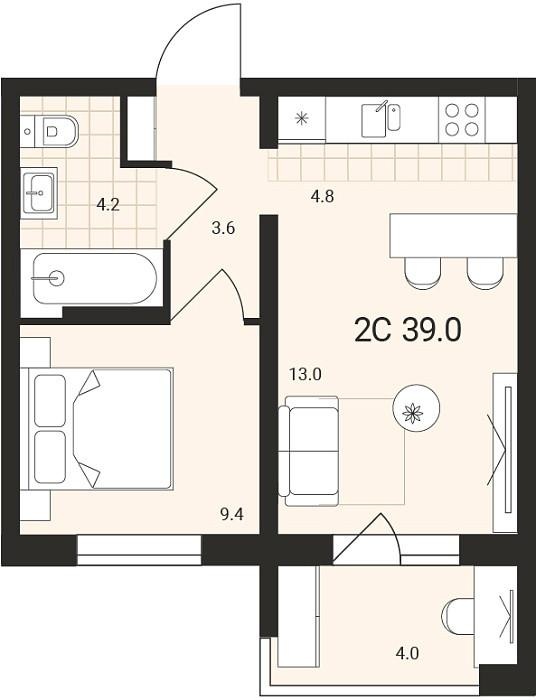 2-комнатная 39 м2 в ЖК undefined корпус null этаж 9