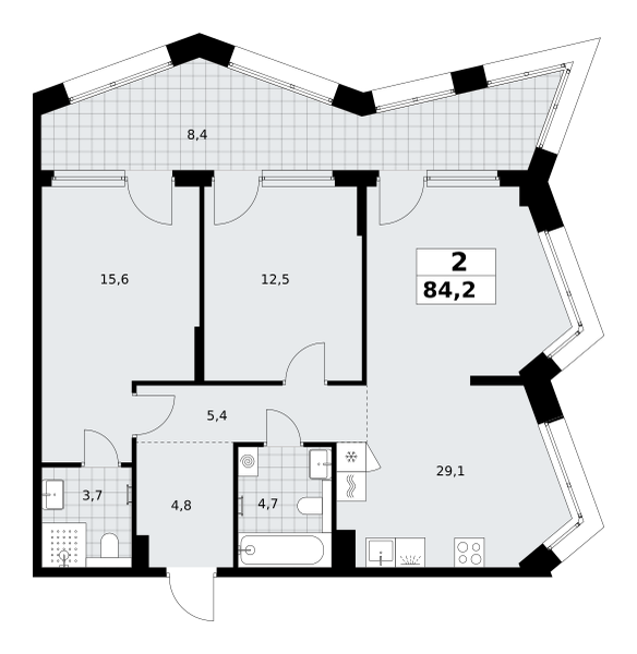 2-комнатная 84 м2 в ЖК Хольм корпус null этаж 5