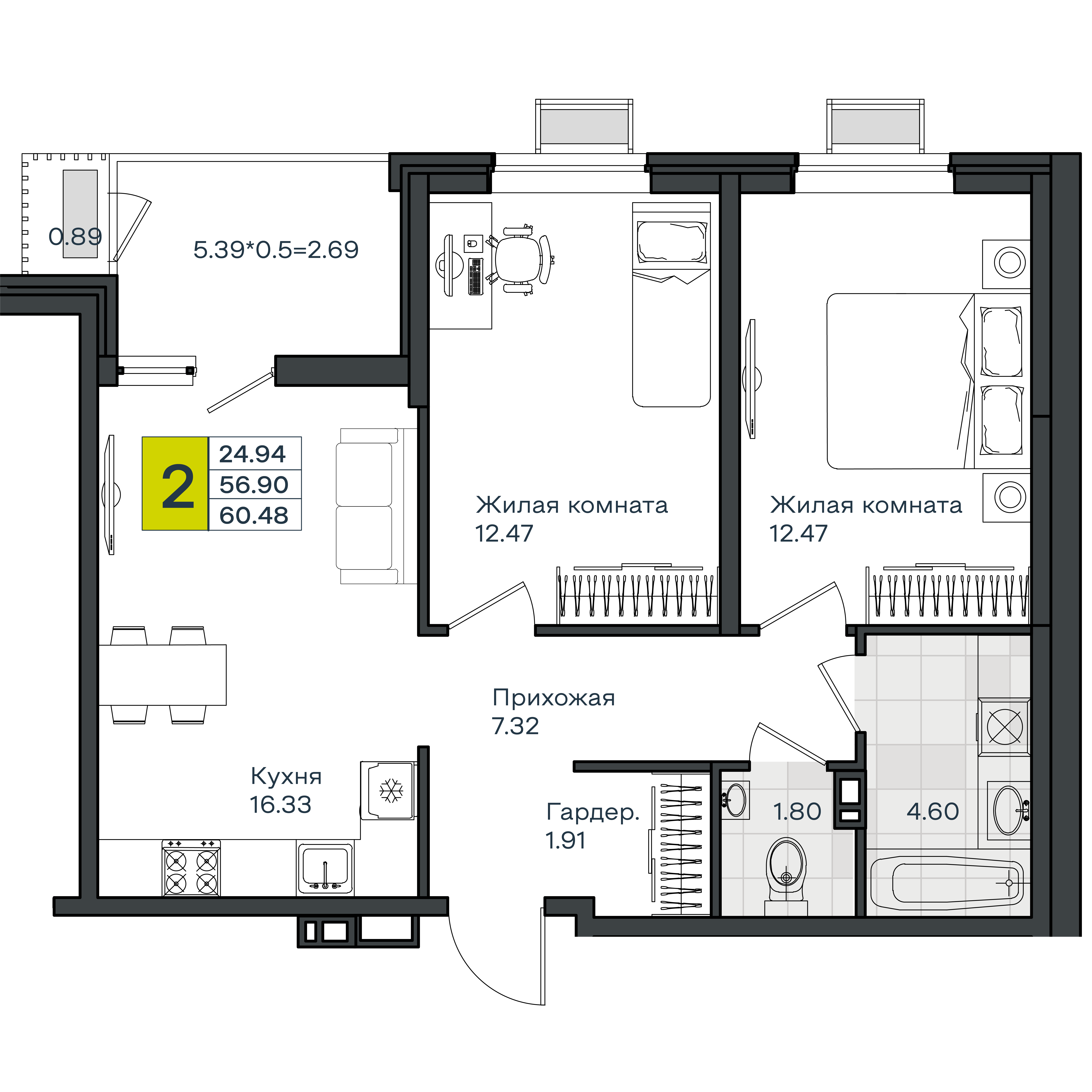 2-комнатная 60 м2 в ЖК МОНО Квартал корпус null этаж 4