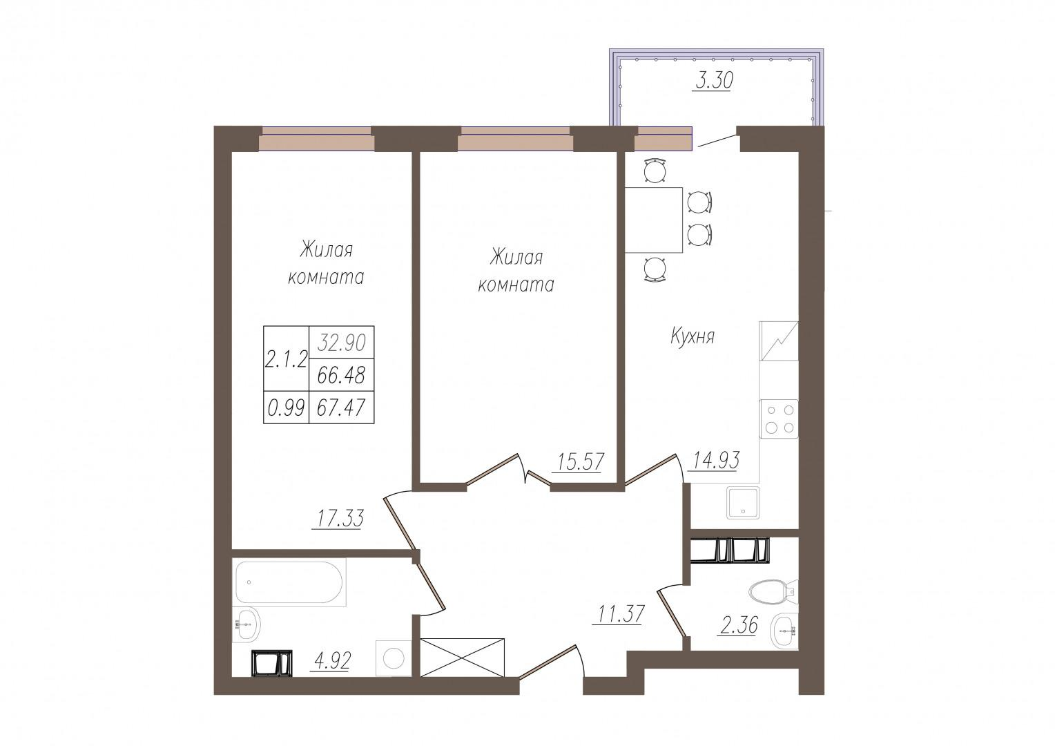 2-комнатная 67.1 м2 в ЖК undefined корпус null этаж 13