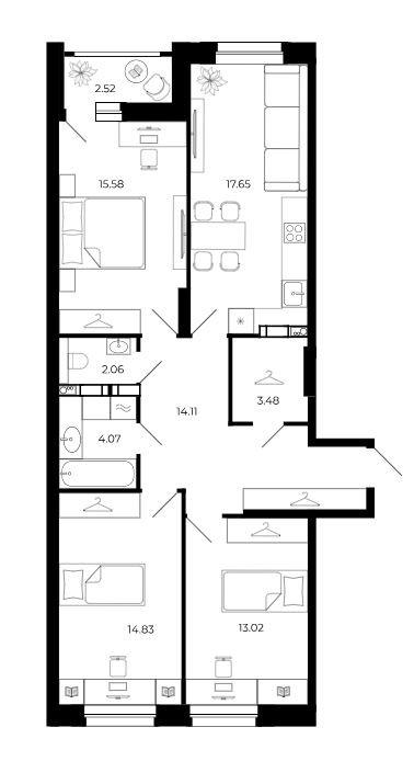 3-комнатная 84.5 м2 в ЖК undefined корпус null этаж 11