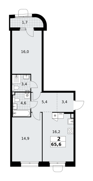 2-комнатная 65 м2 в ЖК Прокшино корпус null этаж 3