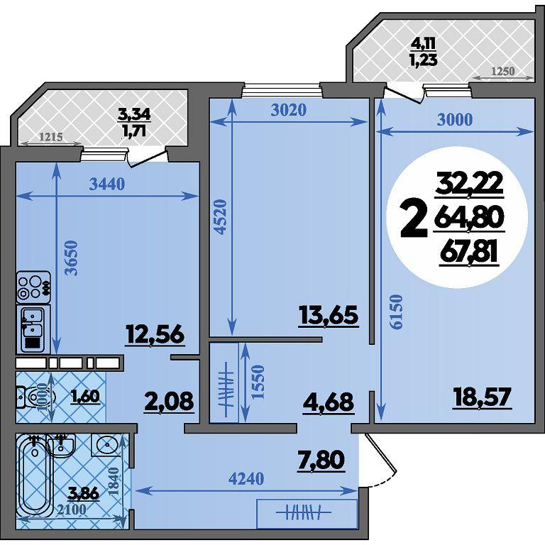 2-комнатная 67 м2 в ЖК Восточный корпус null этаж 11