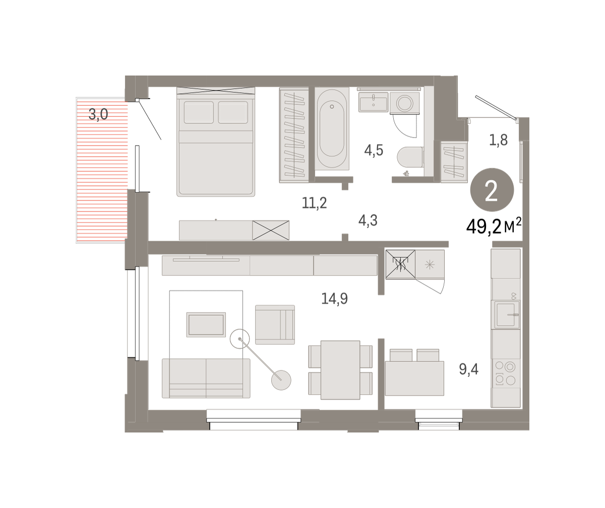 2-комнатная 49 м2 в ЖК Город-на-озере корпус null этаж 5