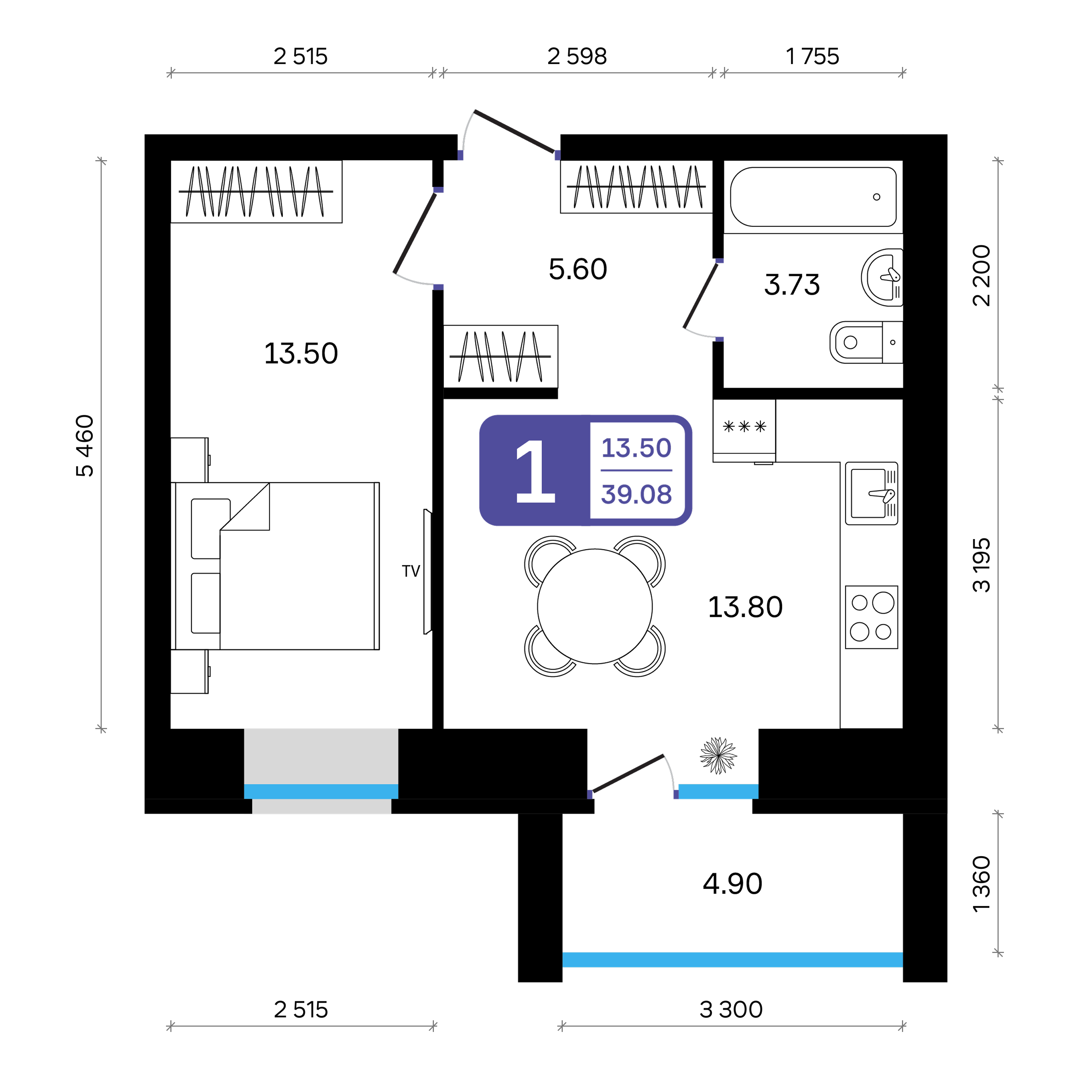 1-комнатная 39 м2 в ЖК РИТМ корпус null этаж 1
