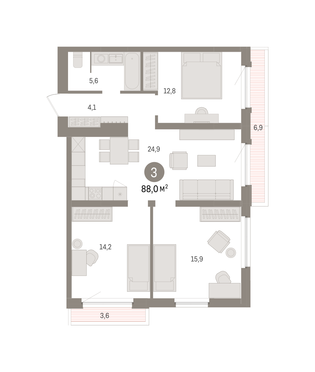 3-комнатная 88 м2 в ЖК Зарека корпус null этаж 10