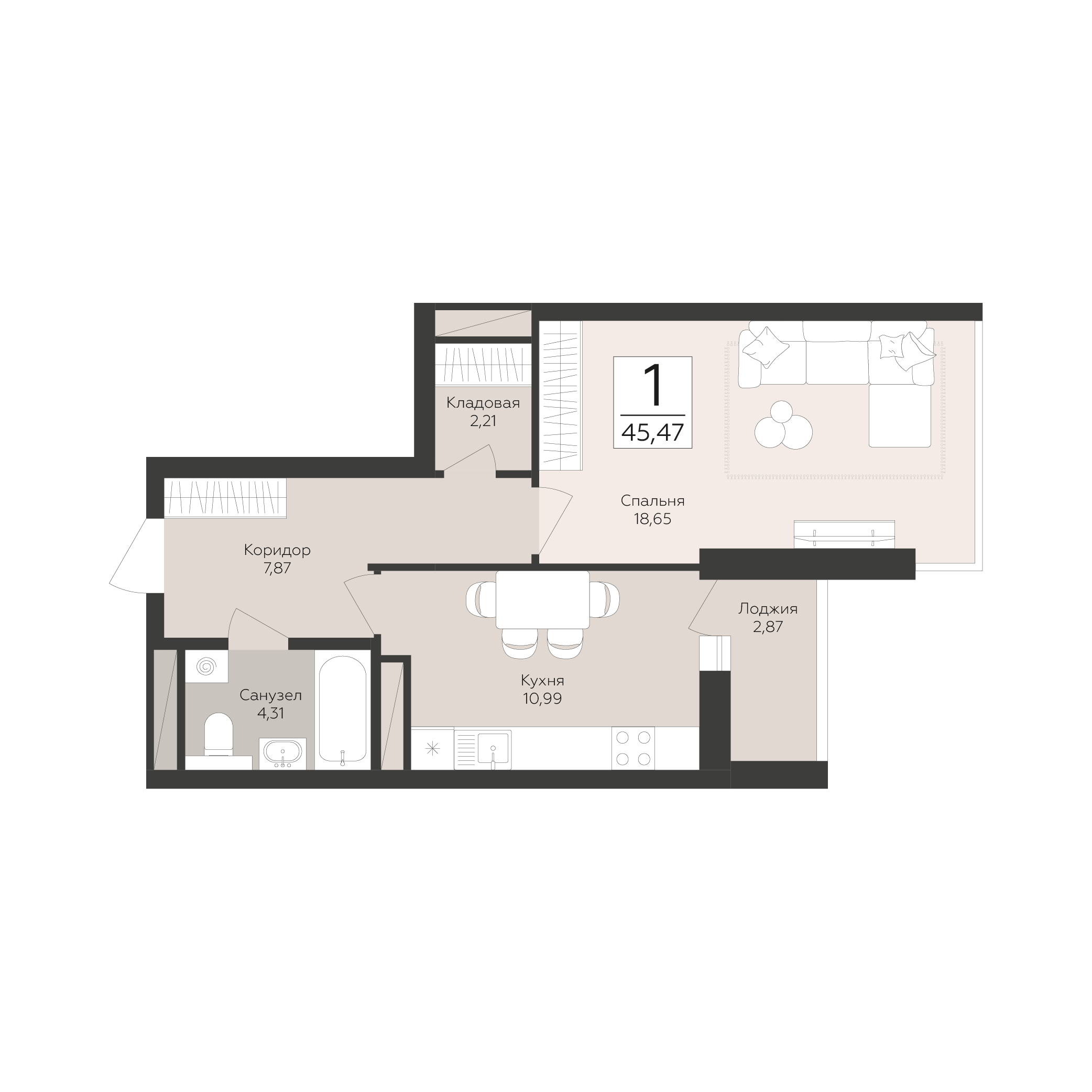 1-комнатная 45 м2 в ЖК Скай корпус null этаж 13