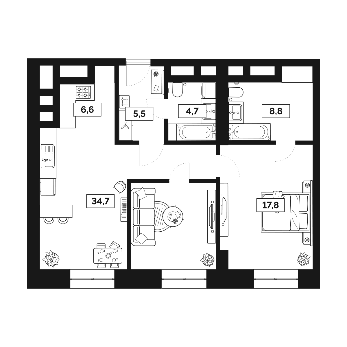 2-комнатная 78 м2 в ЖК Лайм корпус null этаж 9