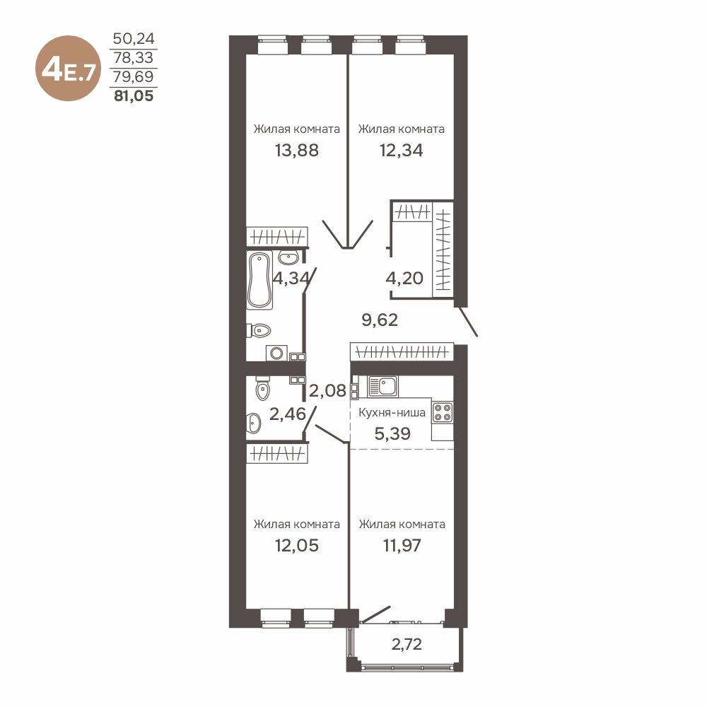 4-комнатная 79 м2 в ЖК Культура корпус null этаж 4