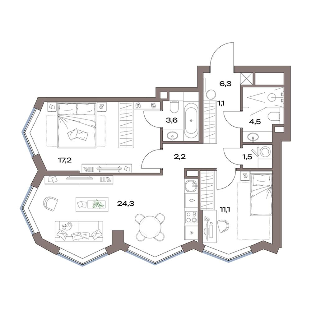 3-комнатная 71 м2 в ЖК Акценты корпус null этаж 10