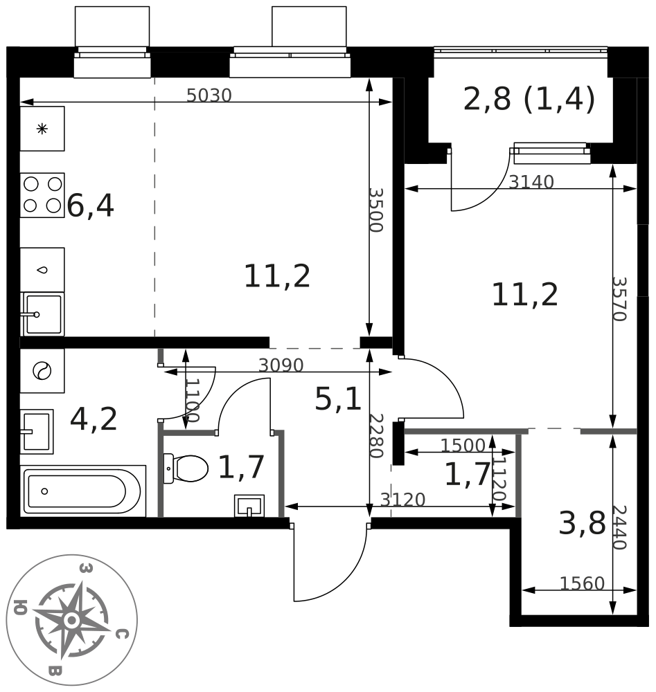 2-комнатная 46 м2 в ЖК 1-й Ясеневский корпус null этаж 14