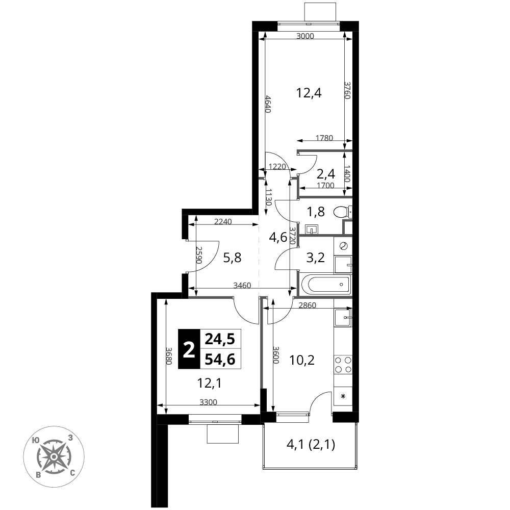 2-комнатная 54 м2 в ЖК 1-й Шереметьевский корпус null этаж 6