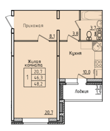 1-комнатная 46.3 м2 в ЖК undefined корпус null этаж 13
