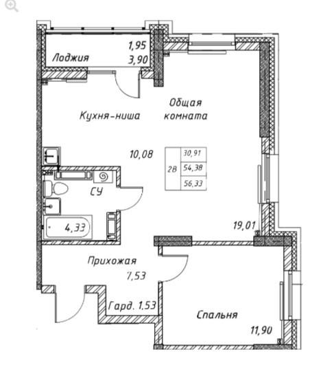 2-комнатная 54.5 м2 в ЖК undefined корпус null этаж 10
