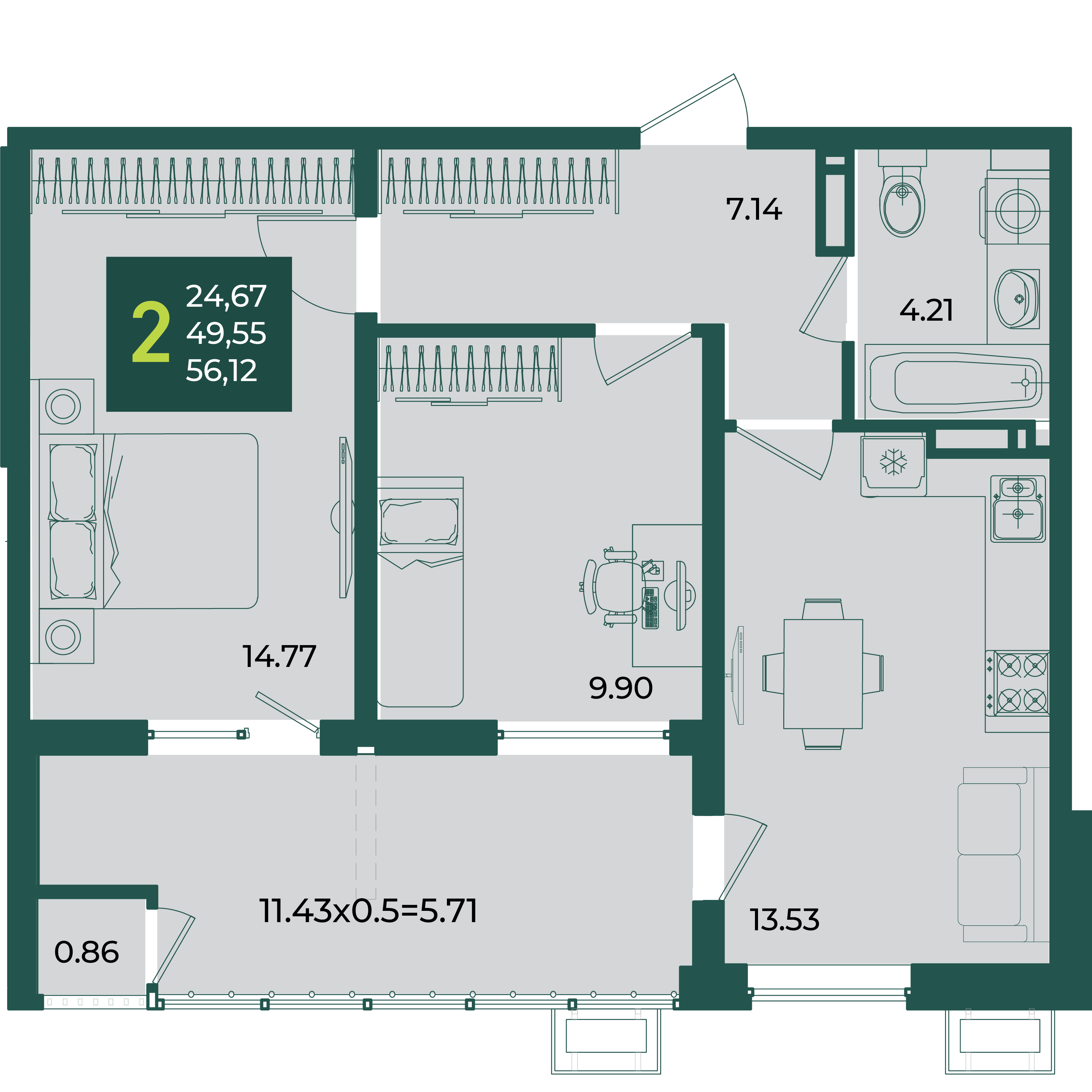 2-комнатная 56 м2 в ЖК Образцово корпус null этаж 10