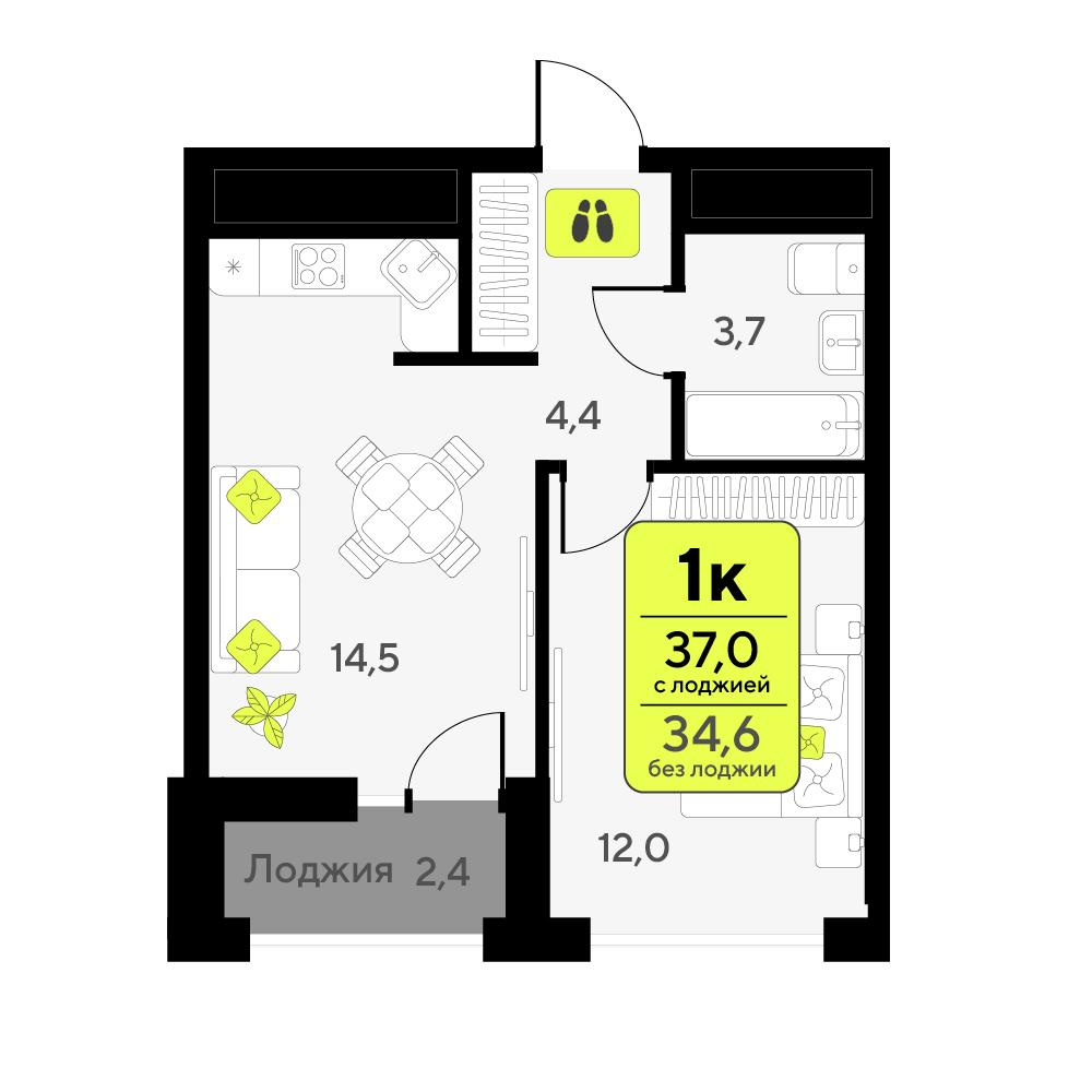 1-комнатная 37 м2 в ЖК Мотивы корпус null этаж 7