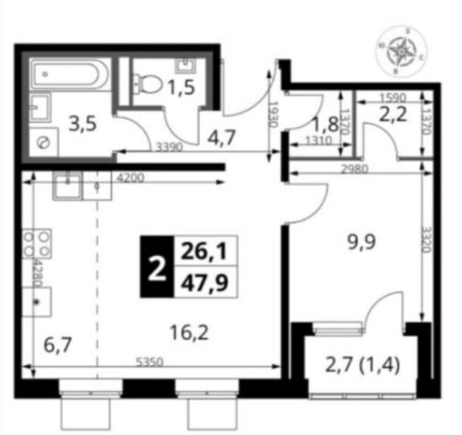 2-комнатная 47.9 м2 в ЖК undefined корпус null этаж 10