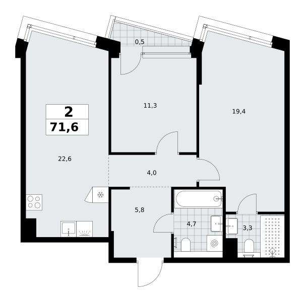 2-комнатная 71 м2 в ЖК Хольм корпус null этаж 3