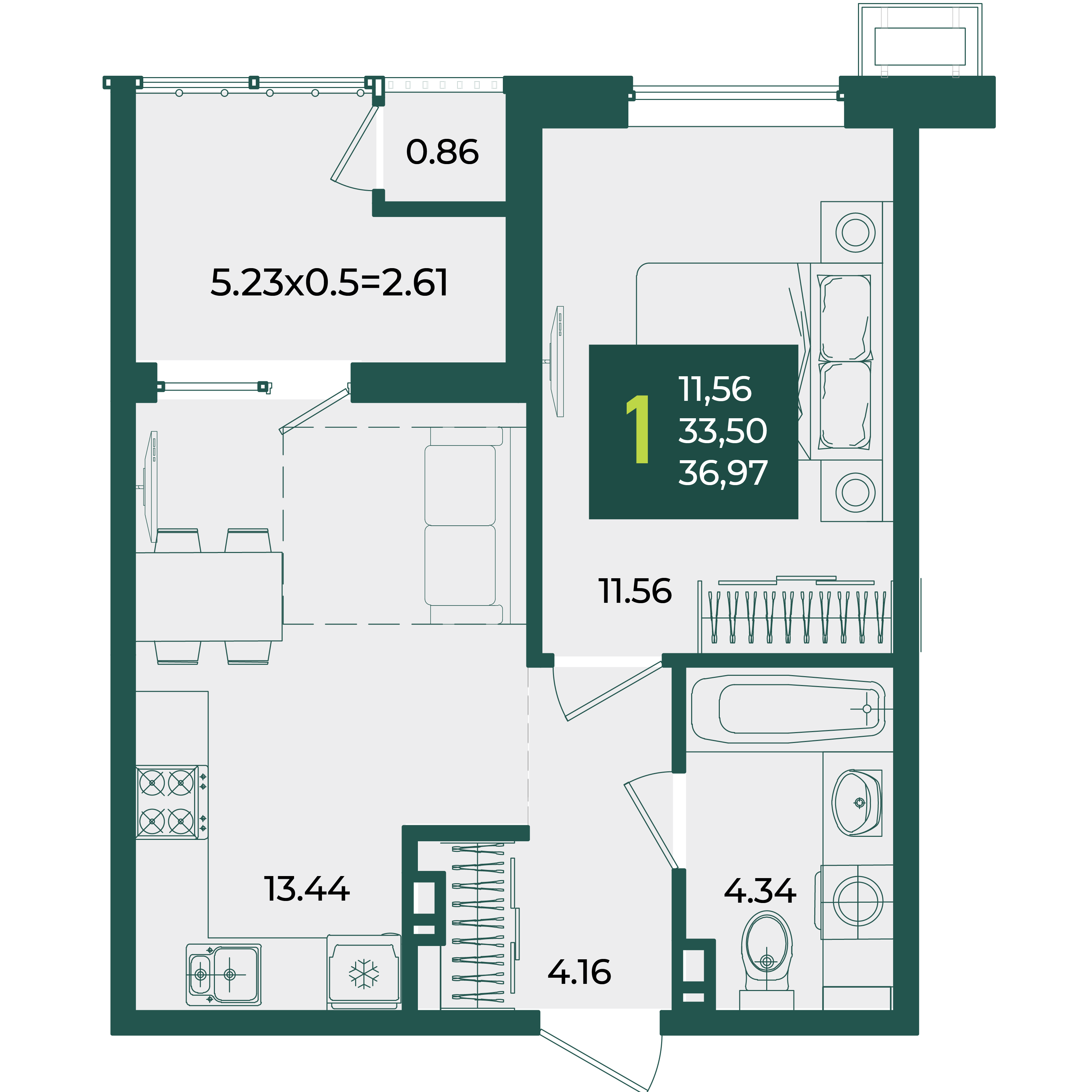 1-комнатная 36 м2 в ЖК Образцово корпус null этаж 5