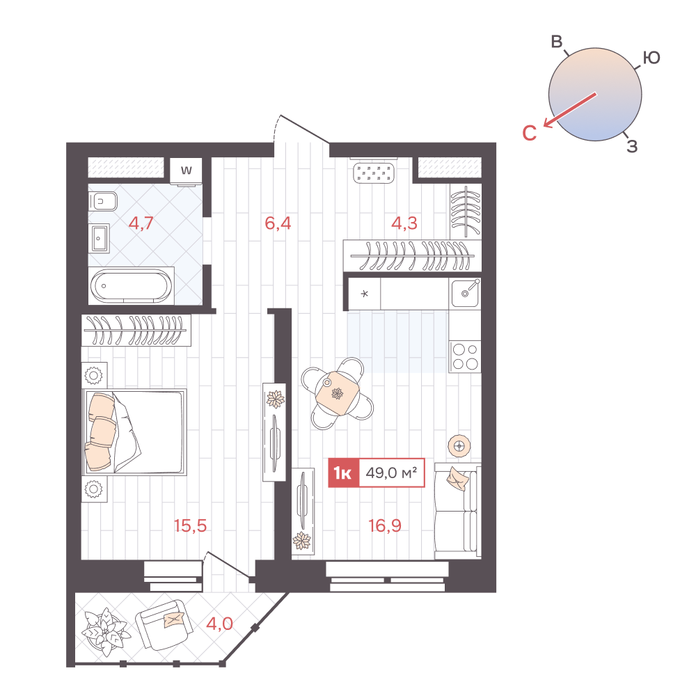 1-комнатная 49 м2 в ЖК ДА корпус null этаж 12