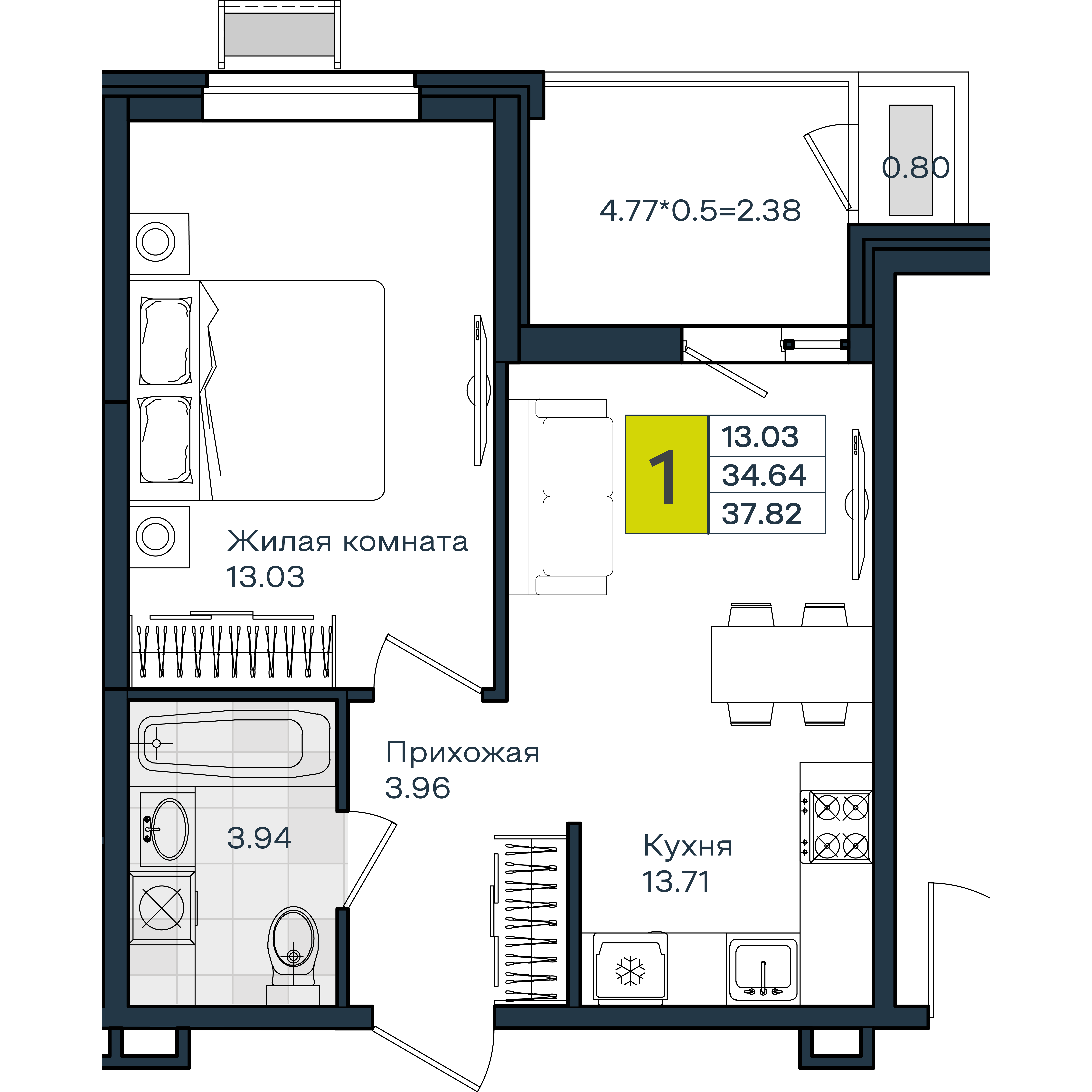 1-комнатная 37 м2 в ЖК МОНО Квартал корпус null этаж 2