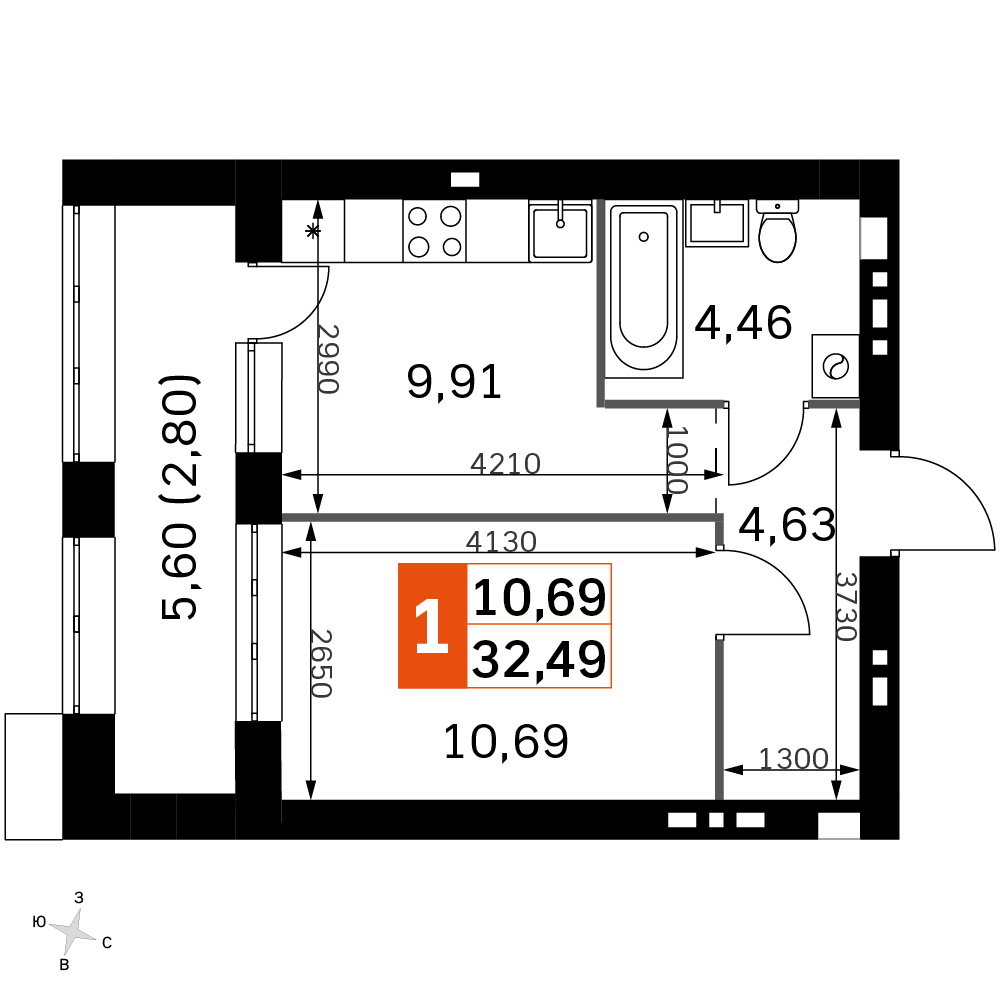 1-комнатная 32 м2 в ЖК Жаворонки Клаб корпус null этаж 2