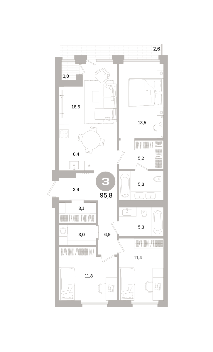 3-комнатная 95 м2 в ЖК Северный ветер корпус null этаж 2