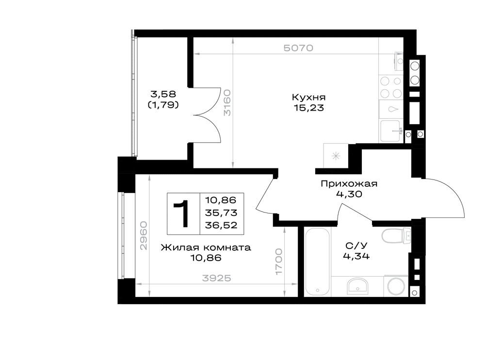 1-комнатная 36 м2 в ЖК Включи корпус null этаж 3