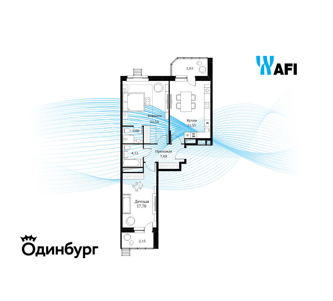 2-комнатная 83 м2 в ЖК Одинбург корпус null этаж 14
