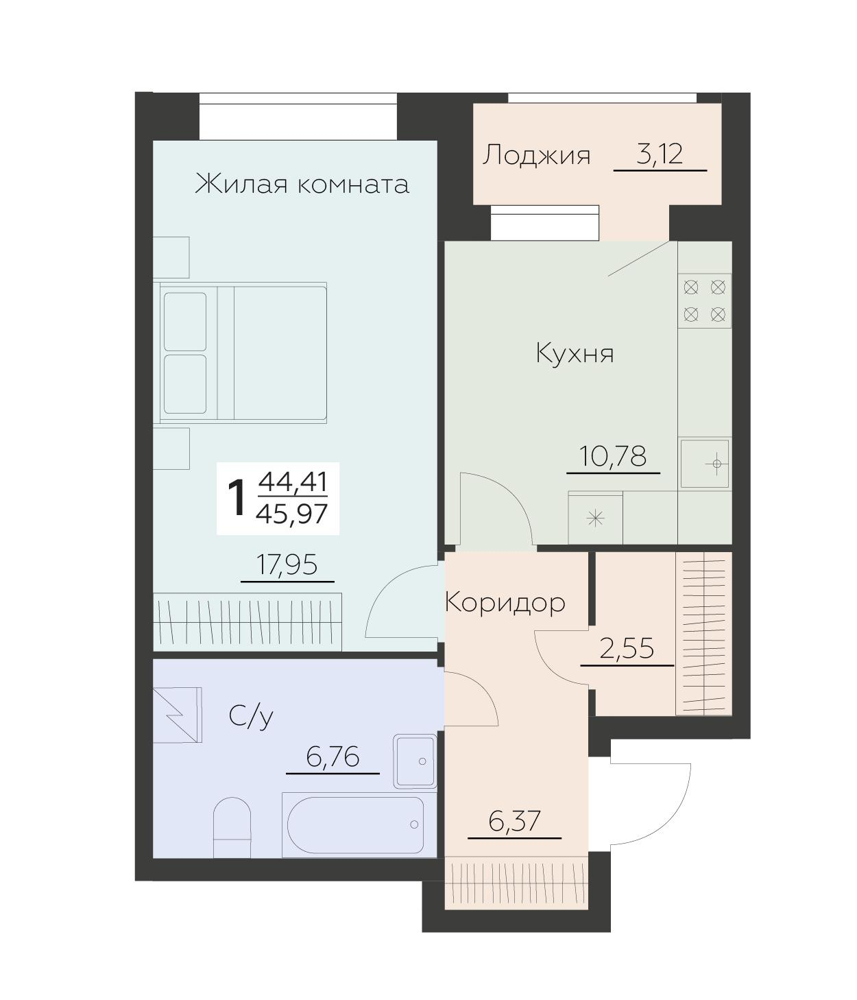 1-комнатная 45 м2 в ЖК Заря корпус null этаж 4
