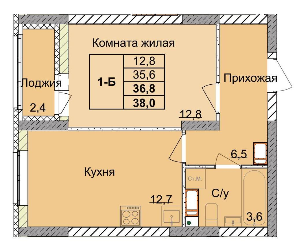 1-комнатная 35 м2 в ЖК Тетра корпус null этаж 12