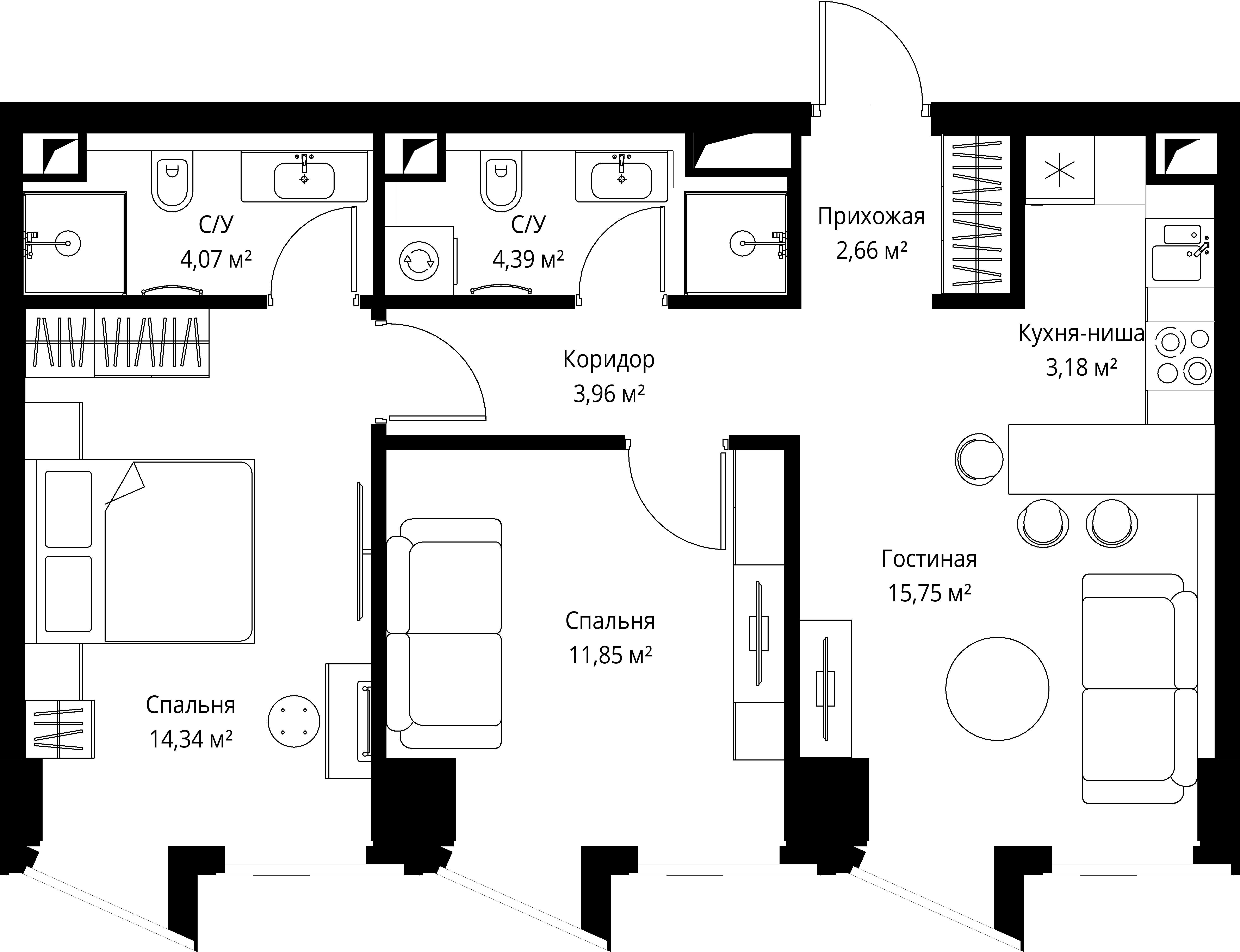 2-комнатная 60 м2 в ЖК Famous корпус null этаж 3