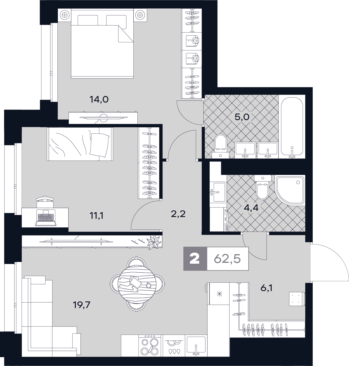 2-комнатная 62 м2 в ЖК Юту корпус null этаж 24