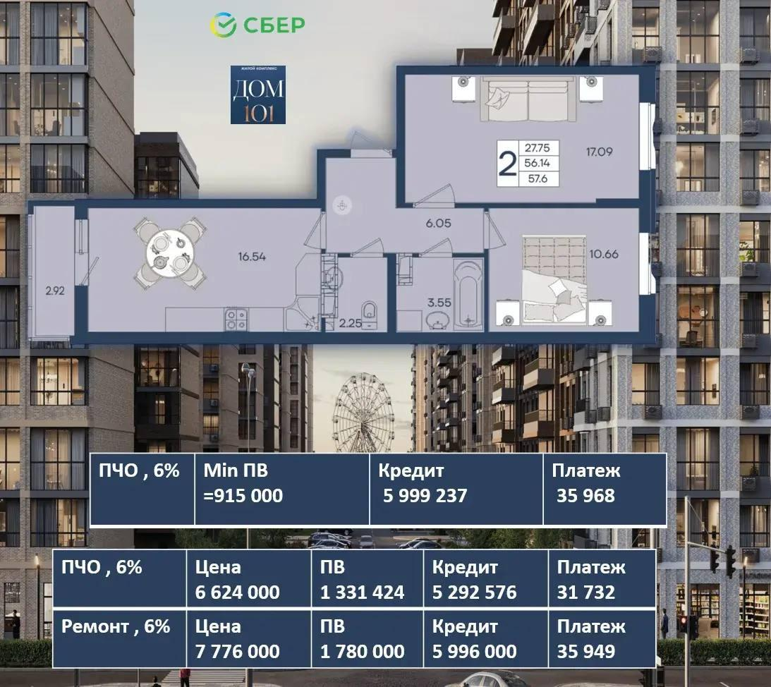 2-комнатная 57.6 м2 в ЖК undefined корпус null этаж 5