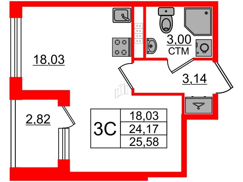 Студия 24 м2 в ЖК Дворцовый фасад корпус null этаж 3