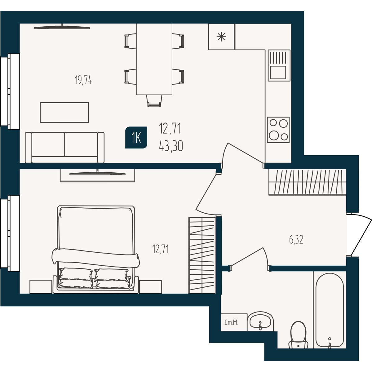1-комнатная 43 м2 в ЖК Квартал Мятный корпус null этаж 15