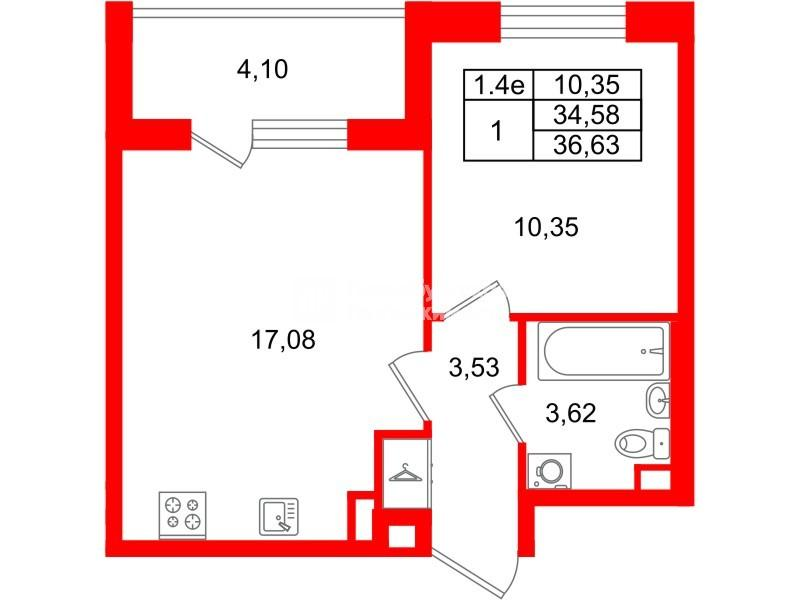 1-комнатная 34 м2 в ЖК Парадный ансамбль корпус null этаж 2