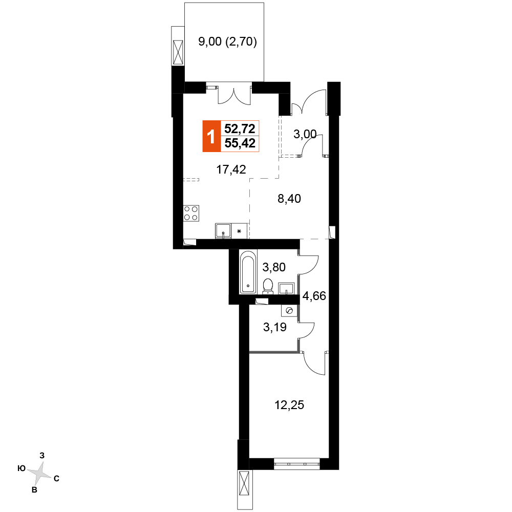 1-комнатная 55 м2 в ЖК Жаворонки Клаб корпус null этаж 1