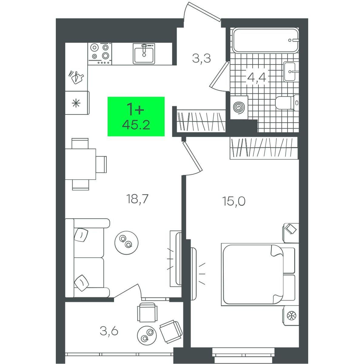 1-комнатная 45 м2 в ЖК Гранд Квартал корпус null этаж 14