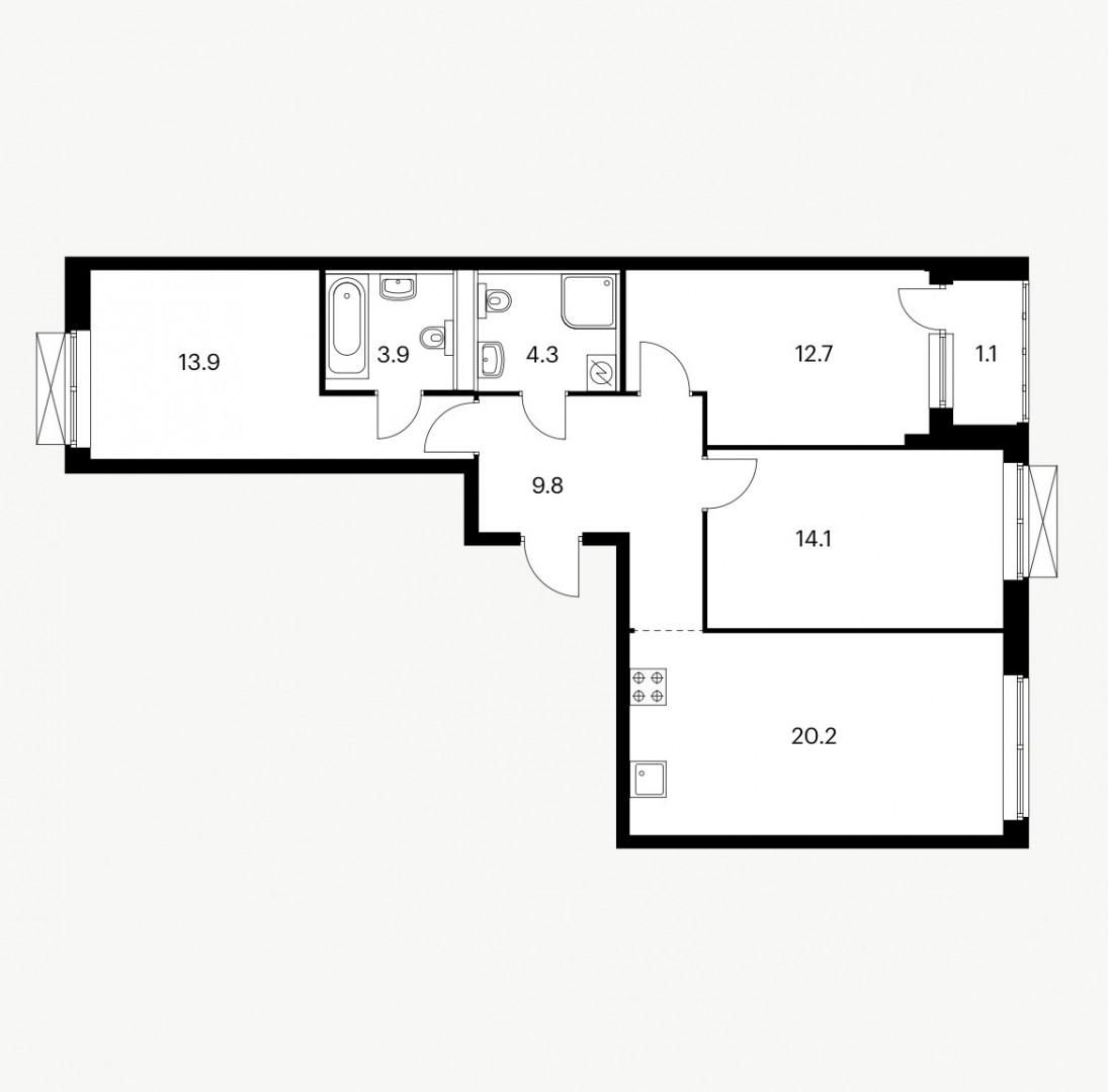 3-комнатная 78.9 м2 в ЖК undefined корпус null этаж 13