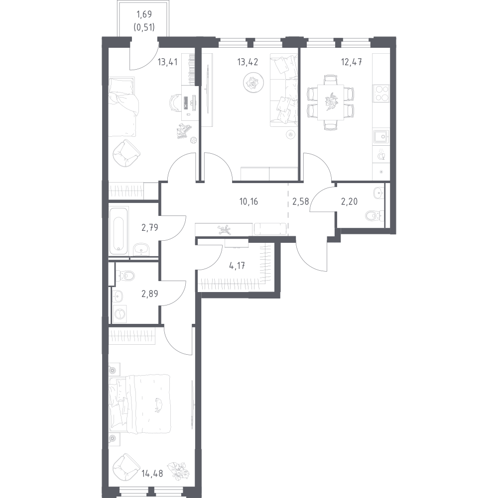 3-комнатная 79 м2 в ЖК Космический Квартал корпус null этаж 10
