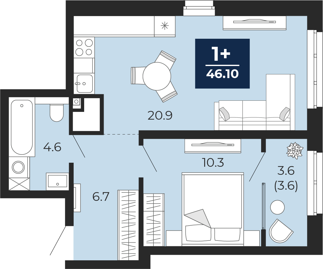 1-комнатная 46 м2 в ЖК Мириады корпус null этаж 14
