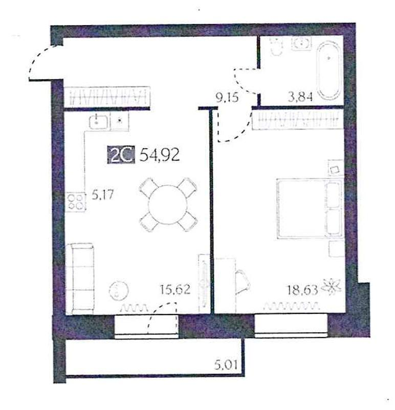 2-комнатная 52.4 м2 в ЖК undefined корпус null этаж 6