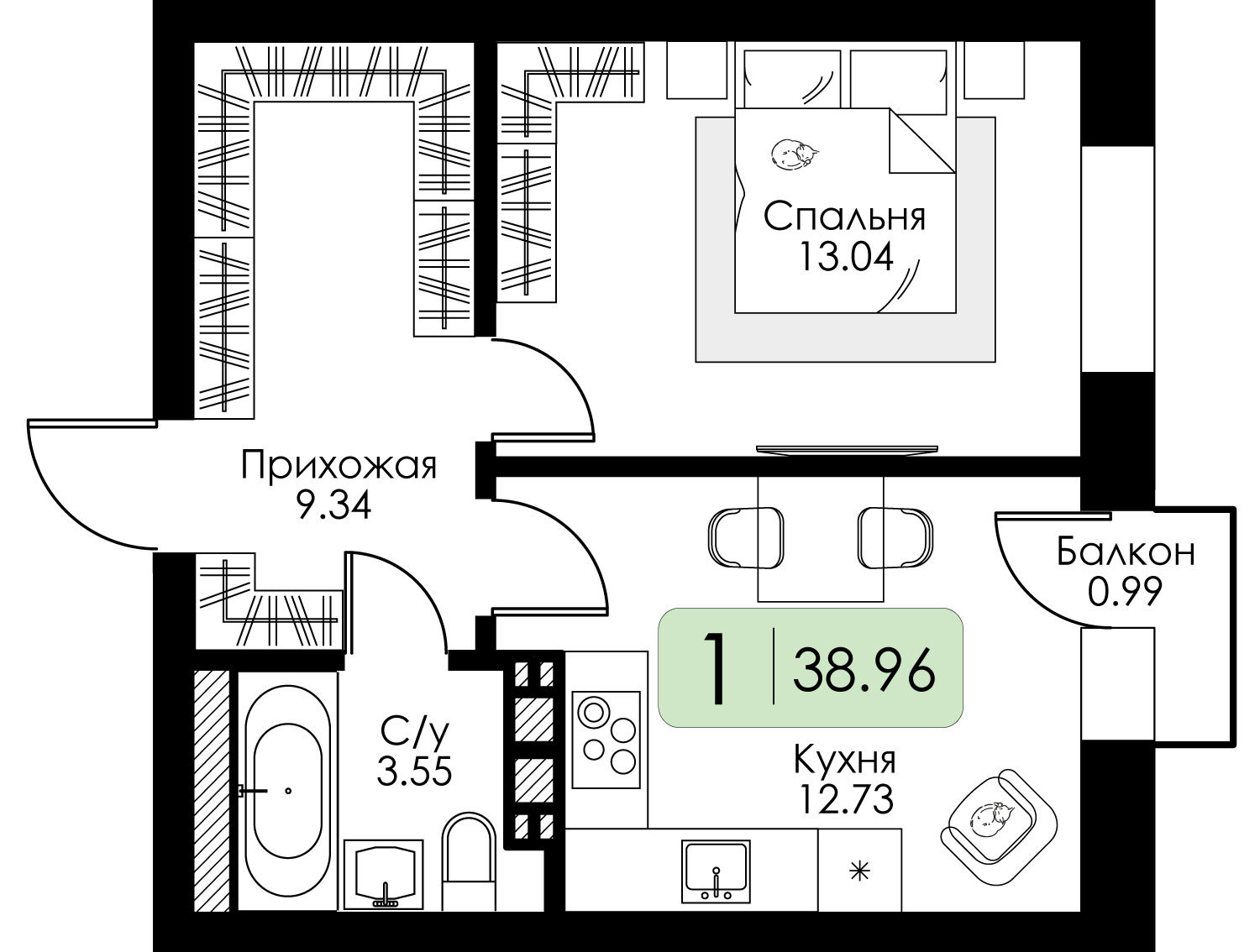 1-комнатная 38 м2 в ЖК Урбан Парк корпус null этаж 4