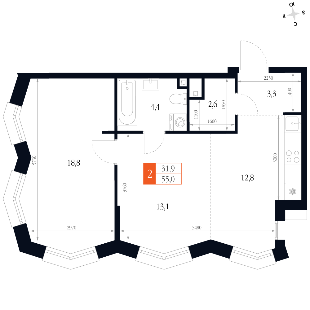 2-комнатная 55 м2 в ЖК Фордевинд корпус null этаж 7